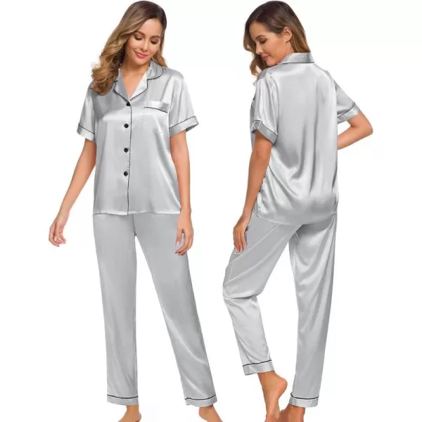 SWOMOG Womens Silk Satin Pajamas Loungewear Twopiece Sleepwear ButtonDown Pj SetGrey16