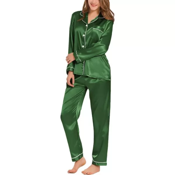 SWOMOG Womens Silk Satin Pajamas Loungewear Twopiece Sleepwear ButtonDown Pj SetMoss Green