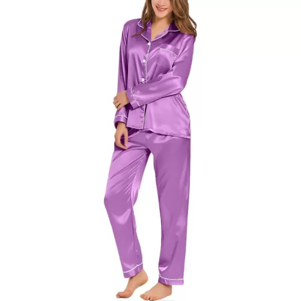 SWOMOG Womens Silk Satin Pajamas Loungewear Twopiece Sleepwear ButtonDown Pj SetOrchid