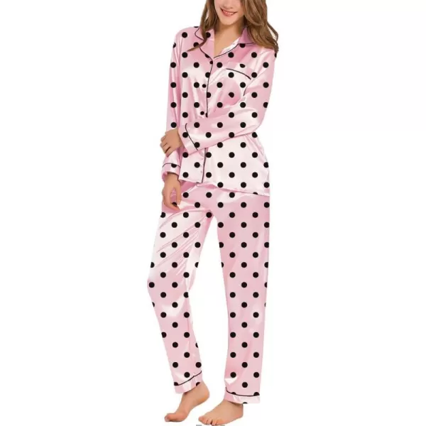 SWOMOG Womens Silk Satin Pajamas Loungewear Twopiece Sleepwear ButtonDown Pj SetPink Spot