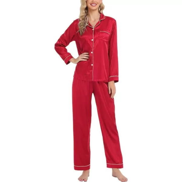 SWOMOG Womens Silk Satin Pajamas Loungewear Twopiece Sleepwear ButtonDown Pj SetRed Pinstripes