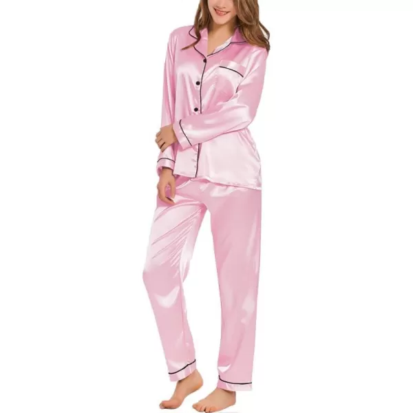 SWOMOG Womens Silk Satin Pajamas Loungewear Twopiece Sleepwear ButtonDown Pj SetRose Pink