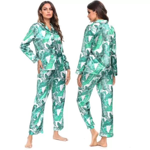 SWOMOG Womens Silk Satin Pajamas Loungewear Twopiece Sleepwear ButtonDown Pj SetWhite Leaves