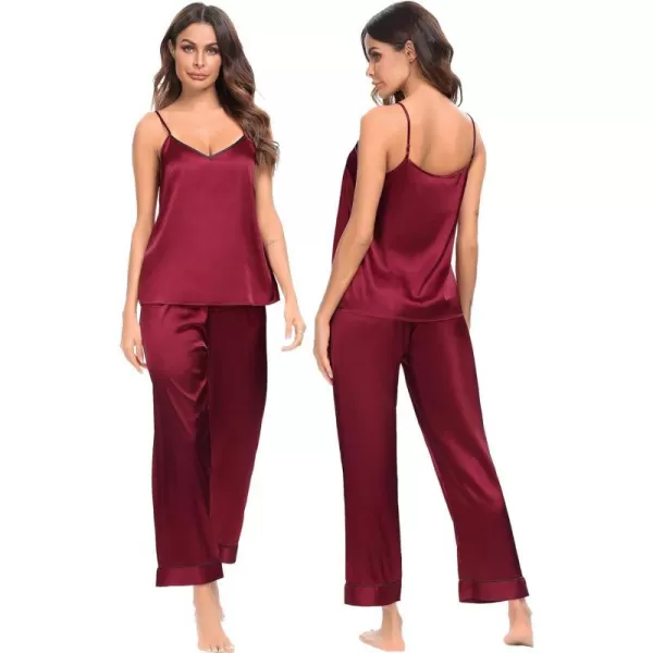 SWOMOG Womens Silk Satin Pajamas Set 2 Pcs Pj Sets Bridesmaid Pjs Cami Top and Pants Sleepwear1wine Red