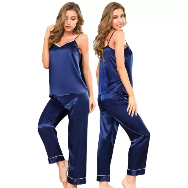 SWOMOG Womens Silk Satin Pajamas Set 2 Pcs Pj Sets Bridesmaid Pjs Cami Top and Pants SleepwearNavy Blue