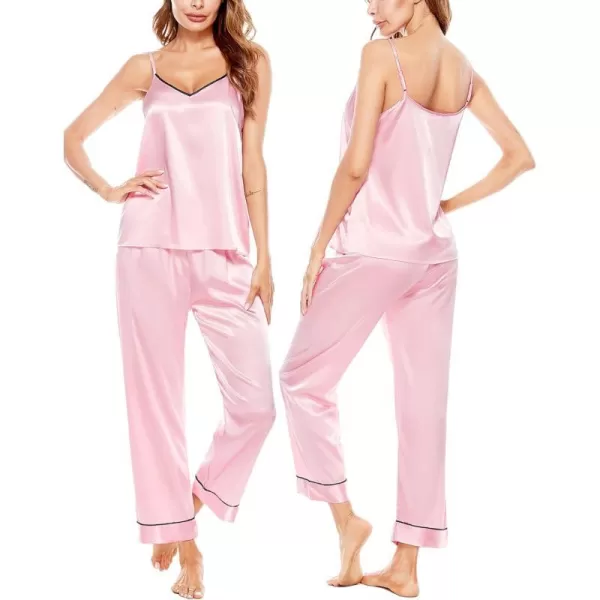 SWOMOG Womens Silk Satin Pajamas Set 2 Pcs Pj Sets Bridesmaid Pjs Cami Top and Pants SleepwearPink