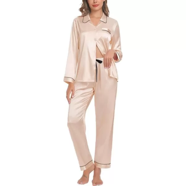 SWOMOG Womens Silk Satin Pajamas Set Long Sleeve Button Down Sleepwear TwoPiece Loungewear Bridesmaid PJ SetsChampagne