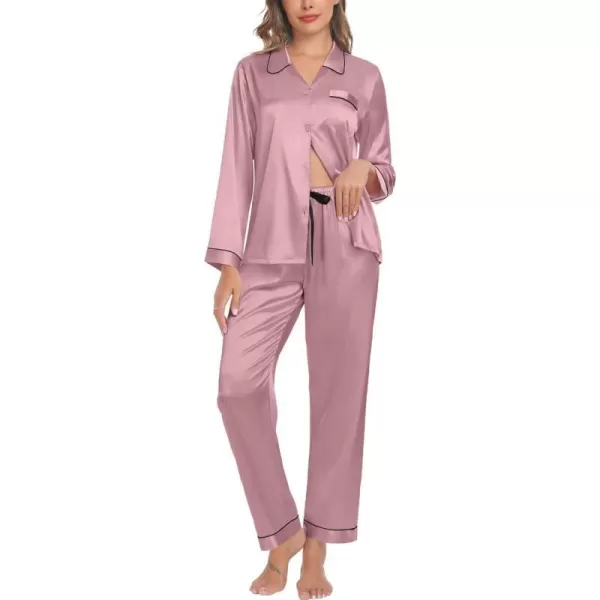 SWOMOG Womens Silk Satin Pajamas Set Long Sleeve Button Down Sleepwear TwoPiece Loungewear Bridesmaid PJ SetsMisty Rose