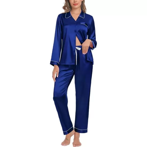 SWOMOG Womens Silk Satin Pajamas Set Long Sleeve Button Down Sleepwear TwoPiece Loungewear Bridesmaid PJ SetsNavy Blue