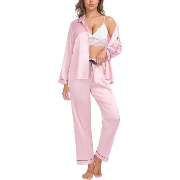 SWOMOG Womens Silk Satin Pajamas Set Long Sleeve Button Down Sleepwear TwoPiece Loungewear Bridesmaid PJ SetsPink