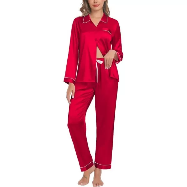 SWOMOG Womens Silk Satin Pajamas Set Long Sleeve Button Down Sleepwear TwoPiece Loungewear Bridesmaid PJ SetsRed