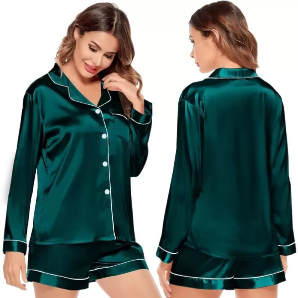 SWOMOG Womens Silk Satin Pajamas Set Long Sleeve Loungewear Twopiece Sleepwear ButtonDown Pj SetDeep Green