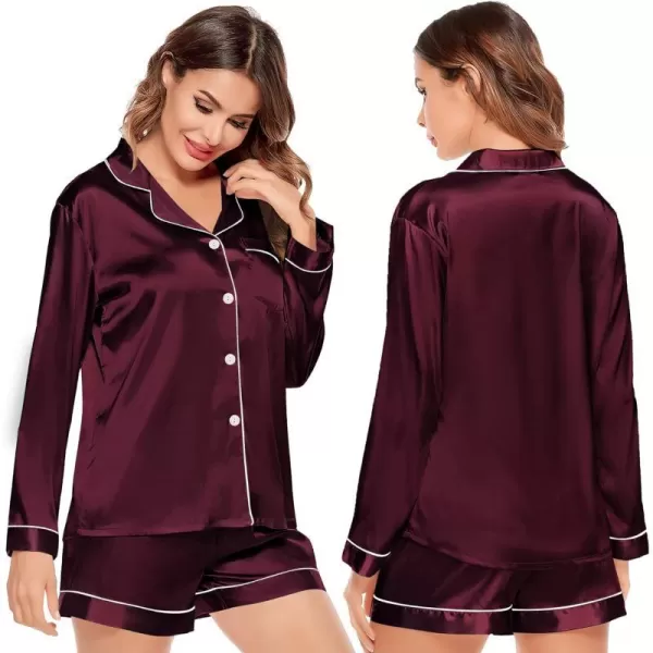 SWOMOG Womens Silk Satin Pajamas Set Long Sleeve Loungewear Twopiece Sleepwear ButtonDown Pj SetDeep Wine Red