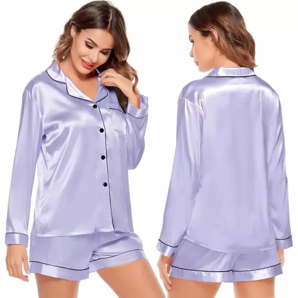 SWOMOG Womens Silk Satin Pajamas Set Long Sleeve Loungewear Twopiece Sleepwear ButtonDown Pj SetLavender