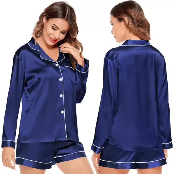 SWOMOG Womens Silk Satin Pajamas Set Long Sleeve Loungewear Twopiece Sleepwear ButtonDown Pj SetNavy Blue