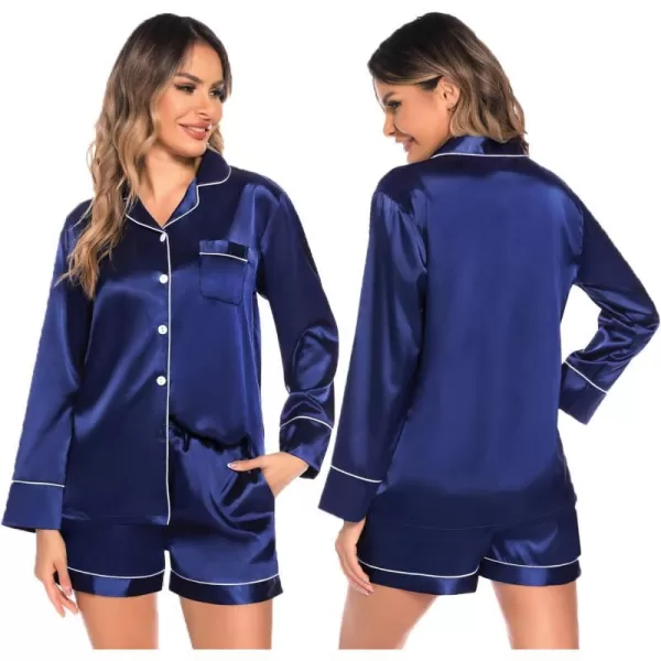 SWOMOG Womens Silk Satin Pajamas Set Long Sleeve Loungewear Twopiece Sleepwear ButtonDown Pj SetNavy Blue Wide Trim  Pockets