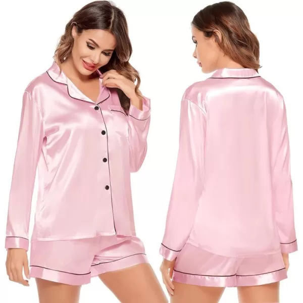 SWOMOG Womens Silk Satin Pajamas Set Long Sleeve Loungewear Twopiece Sleepwear ButtonDown Pj SetPink