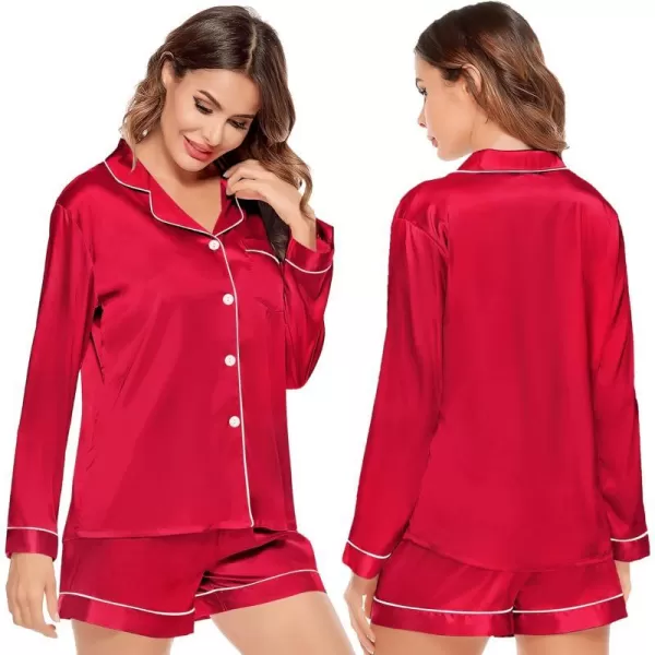 SWOMOG Womens Silk Satin Pajamas Set Long Sleeve Loungewear Twopiece Sleepwear ButtonDown Pj SetRed