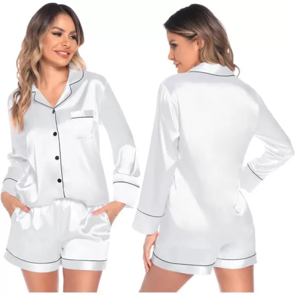 SWOMOG Womens Silk Satin Pajamas Set Long Sleeve Loungewear Twopiece Sleepwear ButtonDown Pj SetWhite Wide Trim  Pockets