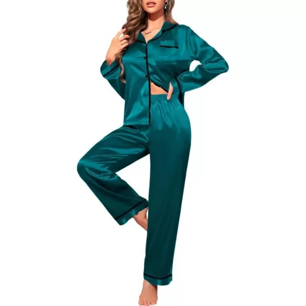 SWOMOG Womens Silk Satin Pajamas Set Long Sleeve Sleepwear Soft Button Down Loungewear 2 Piece Lace PjGreen