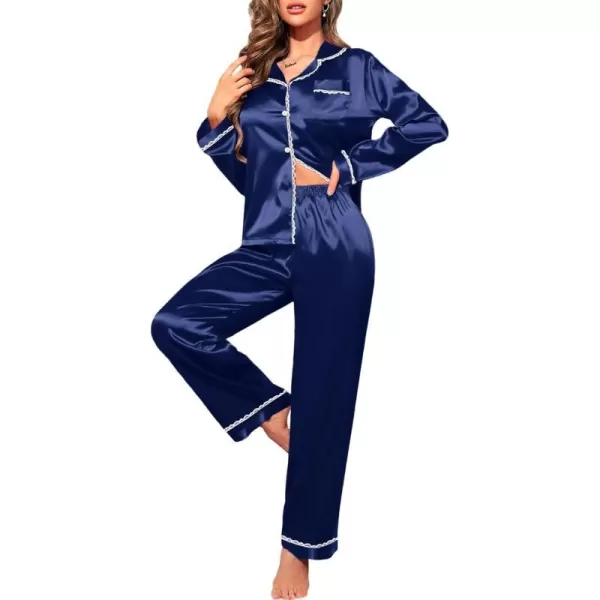 SWOMOG Womens Silk Satin Pajamas Set Long Sleeve Sleepwear Soft Button Down Loungewear 2 Piece Lace PjNavy Blue