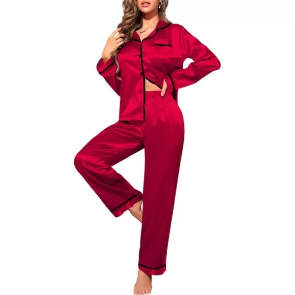 SWOMOG Womens Silk Satin Pajamas Set Long Sleeve Sleepwear Soft Button Down Loungewear 2 Piece Lace PjRed