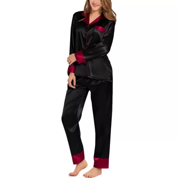 SWOMOG Womens Silk Satin Pajamas Set Long Sleeve Sleepwear Two Pieces Loungewear Set ButtonDown Contrast Pjs SetBlack