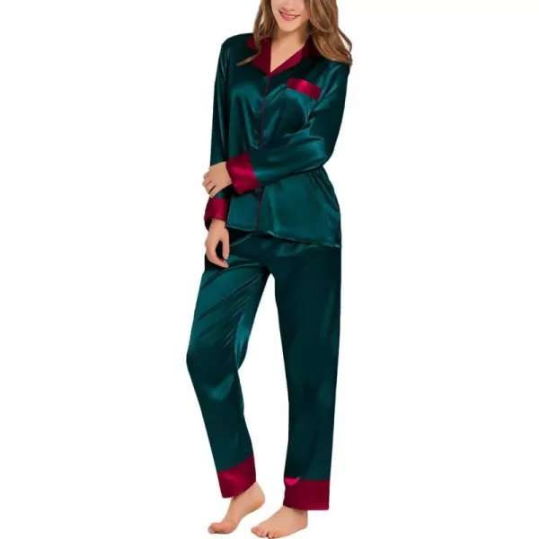 SWOMOG Womens Silk Satin Pajamas Set Long Sleeve Sleepwear Two Pieces Loungewear Set ButtonDown Contrast Pjs SetDeep Green