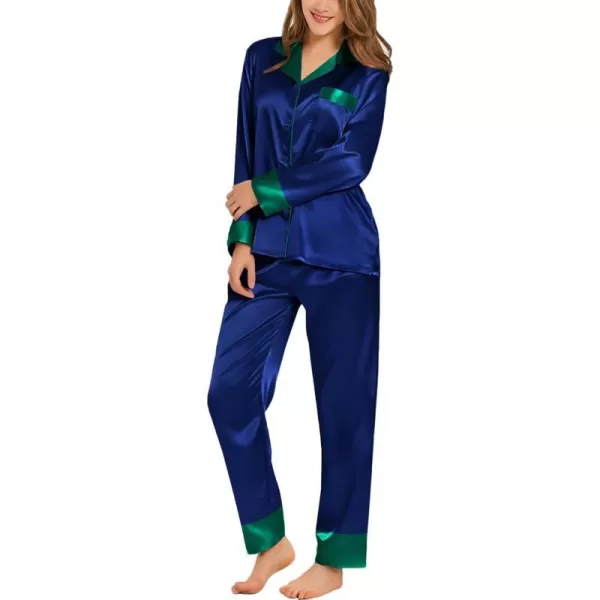 SWOMOG Womens Silk Satin Pajamas Set Long Sleeve Sleepwear Two Pieces Loungewear Set ButtonDown Contrast Pjs SetNavy Blue