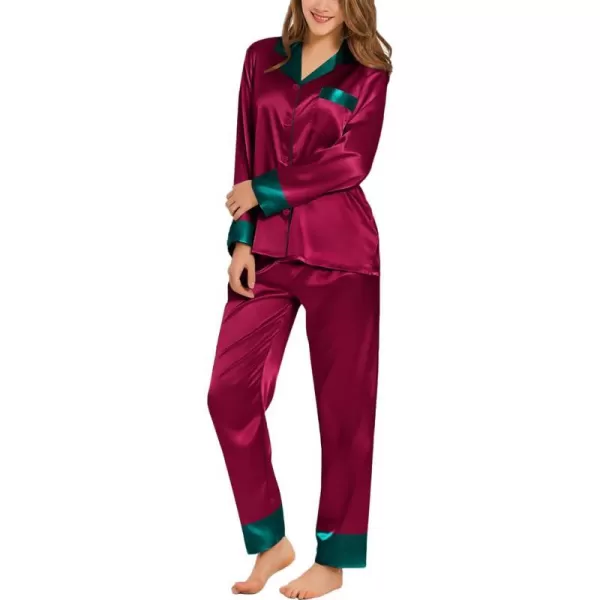 SWOMOG Womens Silk Satin Pajamas Set Long Sleeve Sleepwear Two Pieces Loungewear Set ButtonDown Contrast Pjs SetWine Red