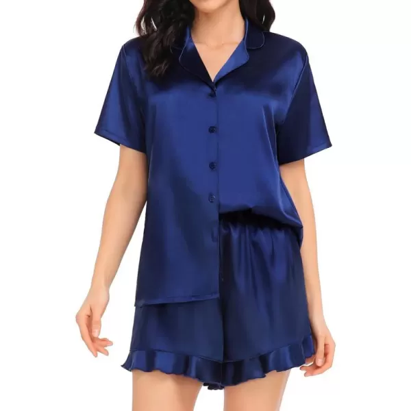 SWOMOG Womens Silk Satin Pajamas Set Short Sleeve Button Down Sleepwear Ruffle Hem Shorts PJ Sets TwoPiece LoungewearNavy Blue