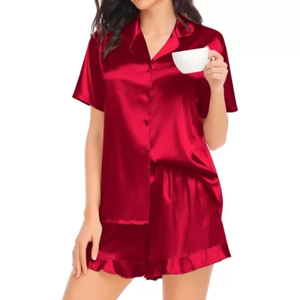 SWOMOG Womens Silk Satin Pajamas Set Short Sleeve Button Down Sleepwear Ruffle Hem Shorts PJ Sets TwoPiece LoungewearRed1