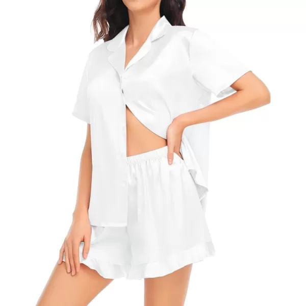 SWOMOG Womens Silk Satin Pajamas Set Short Sleeve Button Down Sleepwear Ruffle Hem Shorts PJ Sets TwoPiece LoungewearWhite