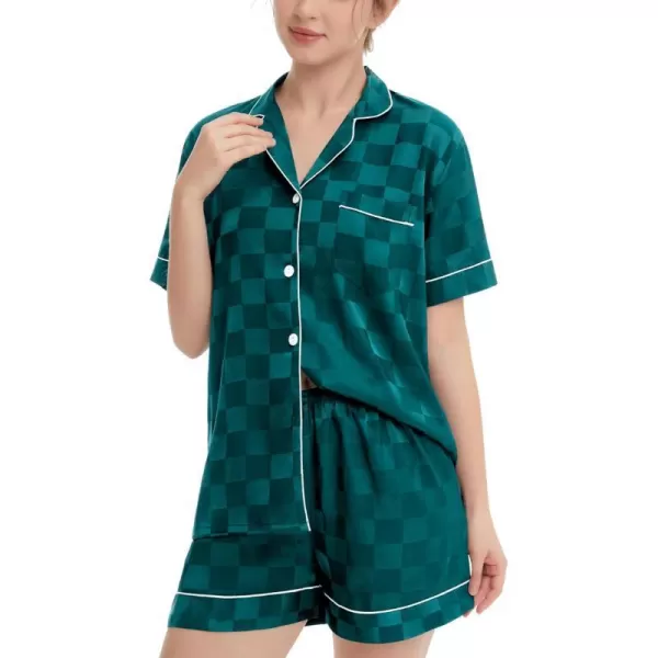 SWOMOG Womens Silk Satin Pajamas Set Short Sleeve Sleepwear Button Down Loungewear Checker Top and Shorts 2 Pcs PjsChecker  Green