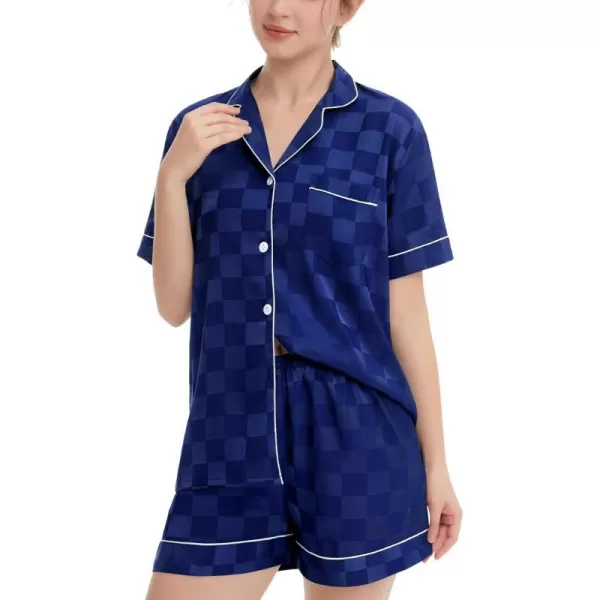 SWOMOG Womens Silk Satin Pajamas Set Short Sleeve Sleepwear Button Down Loungewear Checker Top and Shorts 2 Pcs PjsChecker  Navy Blue