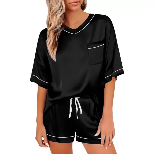 SWOMOG Womens Silk Satin Pajamas Set Silky Pj Sets Short Sleeve Comfy Lounge Sets V Neck Sleepwear Top with Shorts 2 PcsBlack