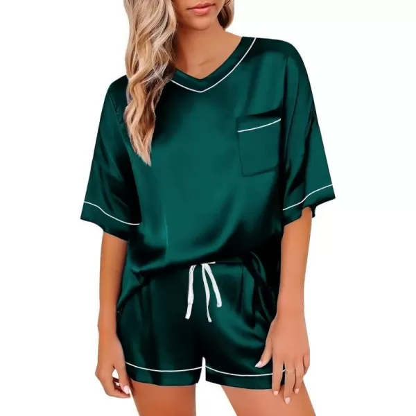 SWOMOG Womens Silk Satin Pajamas Set Silky Pj Sets Short Sleeve Comfy Lounge Sets V Neck Sleepwear Top with Shorts 2 PcsDeep Green