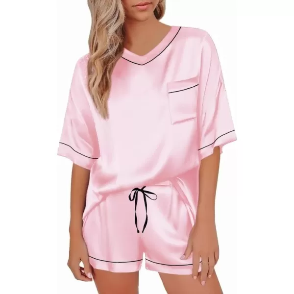 SWOMOG Womens Silk Satin Pajamas Set Silky Pj Sets Short Sleeve Comfy Lounge Sets V Neck Sleepwear Top with Shorts 2 PcsRose Pink