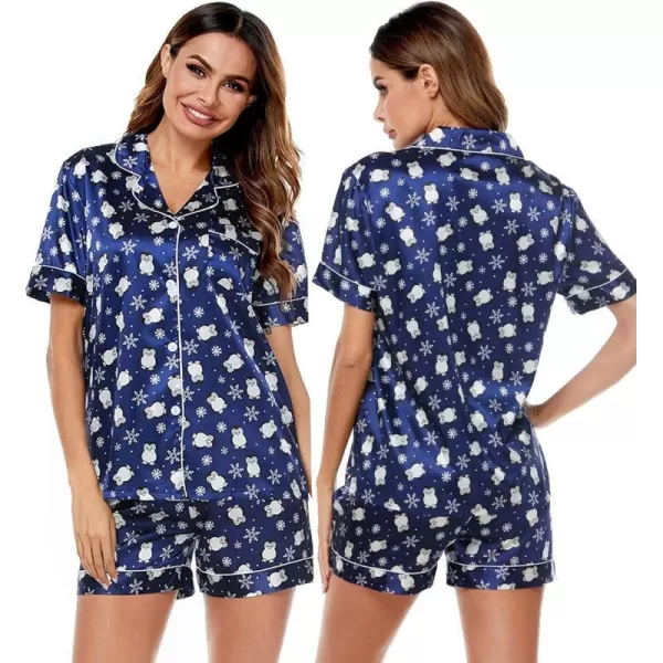 SWOMOG Womens Silk Satin Pajamas Set Twopiece Pj Sets Sleepwear Loungewear ButtonDown Pj SetsBlue Penguin