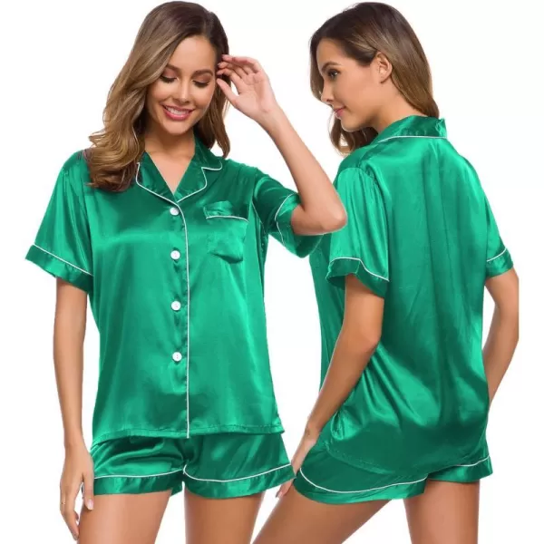 SWOMOG Womens Silk Satin Pajamas Set Twopiece Pj Sets Sleepwear Loungewear ButtonDown Pj SetsEmerald Green