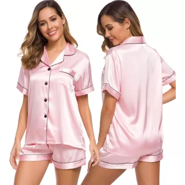 SWOMOG Womens Silk Satin Pajamas Set Twopiece Pj Sets Sleepwear Loungewear ButtonDown Pj SetsPink