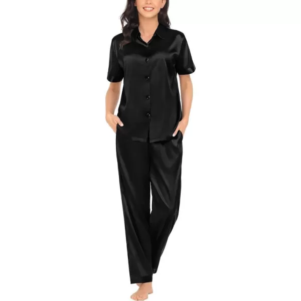 SWOMOG Womens Silk Satin Pajamas Solid Pj Set Short Sleeve Button Down Sleepwear Loungewear Top and Pants with PocketsBlack