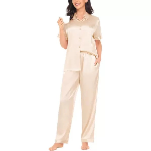 SWOMOG Womens Silk Satin Pajamas Solid Pj Set Short Sleeve Button Down Sleepwear Loungewear Top and Pants with PocketsChampagne