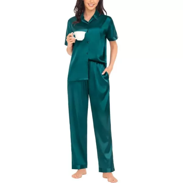 SWOMOG Womens Silk Satin Pajamas Solid Pj Set Short Sleeve Button Down Sleepwear Loungewear Top and Pants with PocketsDeep Green