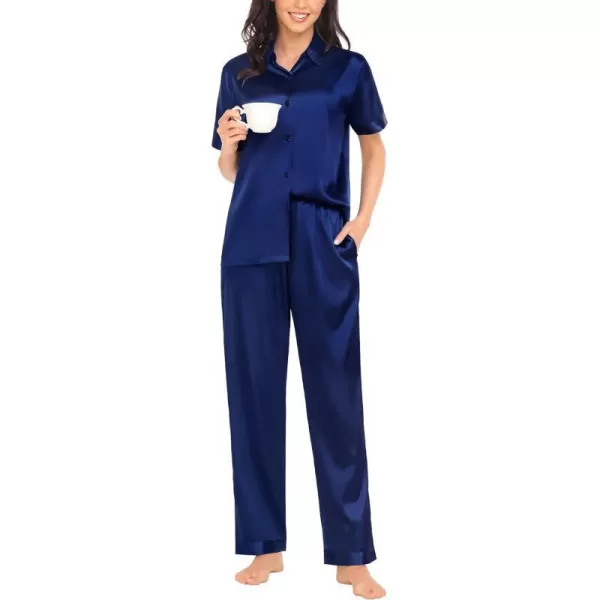 SWOMOG Womens Silk Satin Pajamas Solid Pj Set Short Sleeve Button Down Sleepwear Loungewear Top and Pants with PocketsDeep Navy Blue