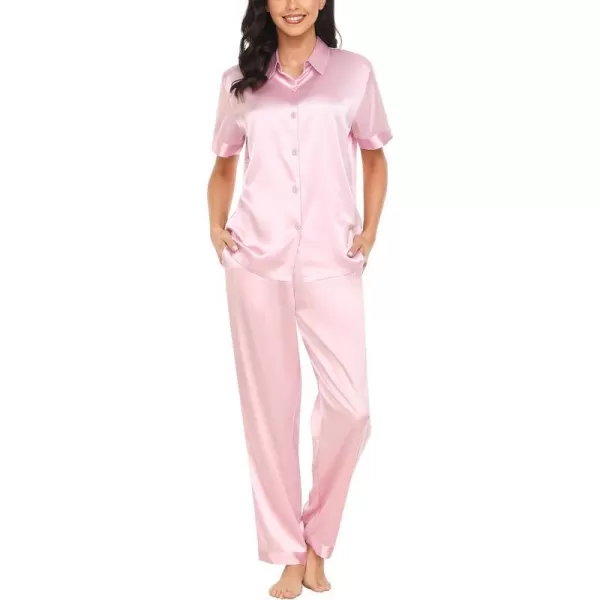 SWOMOG Womens Silk Satin Pajamas Solid Pj Set Short Sleeve Button Down Sleepwear Loungewear Top and Pants with PocketsPink