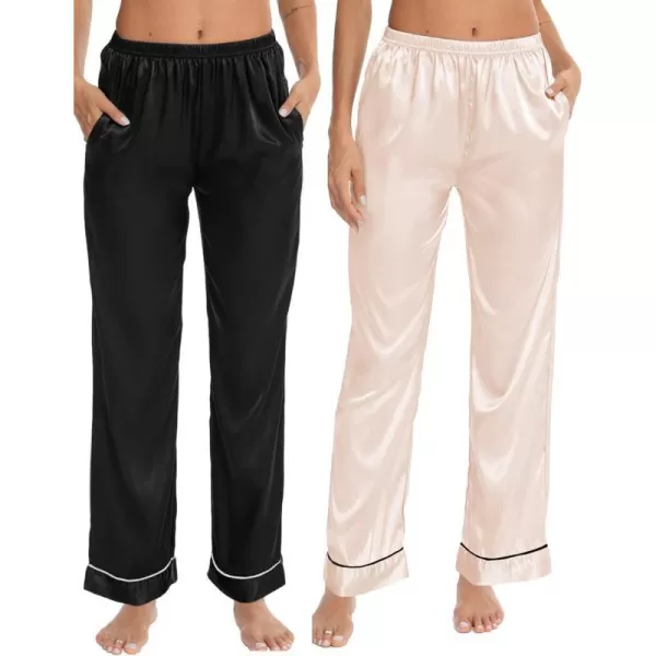 SWOMOG Womens Silk Satin Pants Wide Leg Pajama Bottoms Palazzo Lounge Pants Casual Loose Trousers Pj with Pockets2 Pieceblack amp Champagne