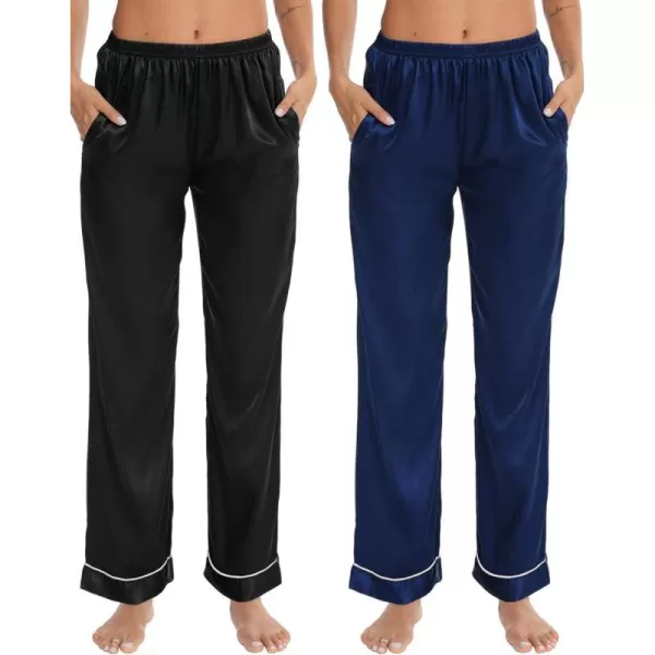 SWOMOG Womens Silk Satin Pants Wide Leg Pajama Bottoms Palazzo Lounge Pants Casual Loose Trousers Pj with Pockets2 Pieceblack amp Navy Blue