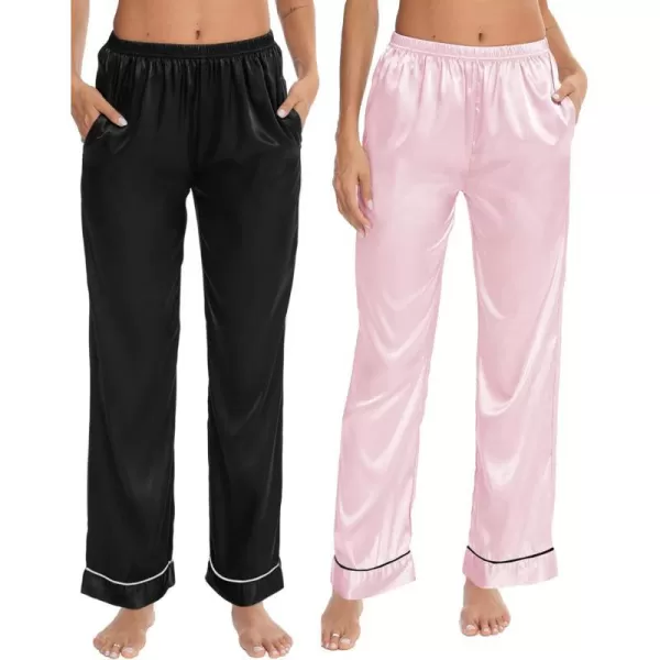 SWOMOG Womens Silk Satin Pants Wide Leg Pajama Bottoms Palazzo Lounge Pants Casual Loose Trousers Pj with Pockets2 Pieceblack amp Pink