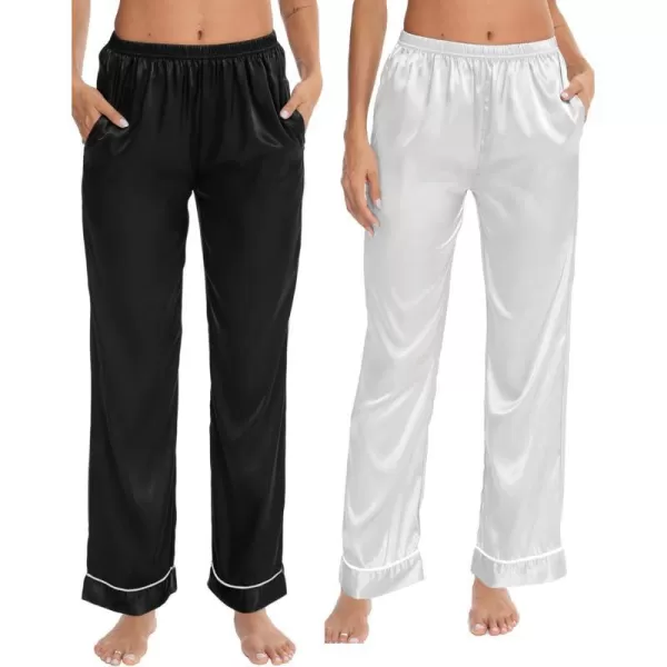 SWOMOG Womens Silk Satin Pants Wide Leg Pajama Bottoms Palazzo Lounge Pants Casual Loose Trousers Pj with Pockets2 Pieceblack amp White